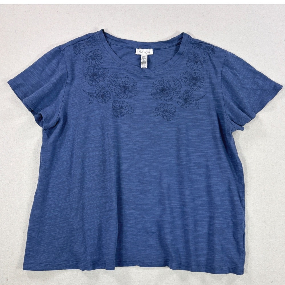 Ella Moss Women Blue Floral Embroidered Slub Knit Short Sleeve Tee Shirt L